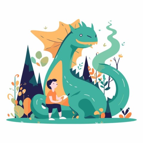 Vector illustration of a boy with a book and a dragon in the par