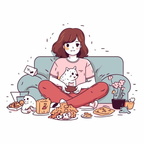 Girl sitting on the couch with cat and food.