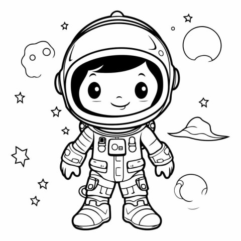 Cute astronaut boy in space suit and helmet. Black and white vec