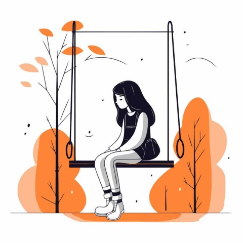 Young woman sitting on swing in autumn park in flat cartoon styl