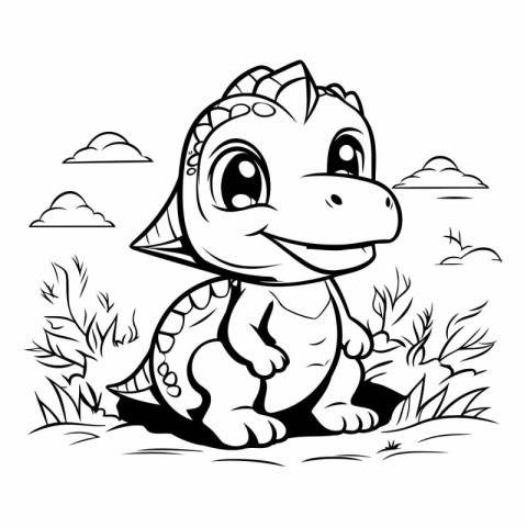 Black and White Cartoon Illustration of Cute Dinosaur Animal Cha