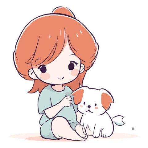 Cute little girl playing with her dog. Vector cartoon illustrati