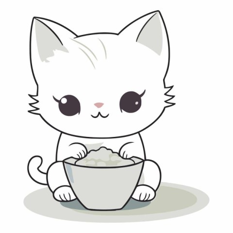 Cute white cat with a bowl of food.