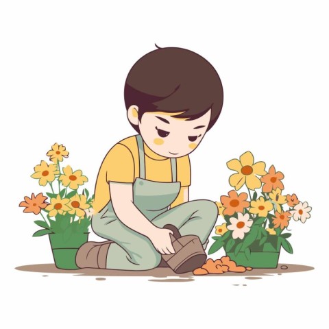 Cute little boy planting flowers in the garden.