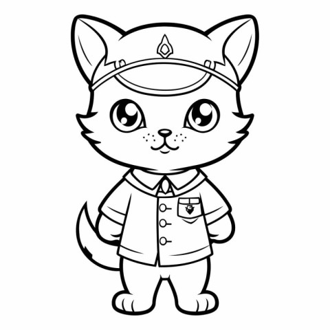 Black And White Cartoon Illustration of Cute Cat Captain Charact