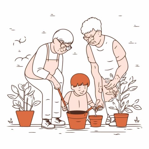 Grandmother and grandson planting flowers in the garden.