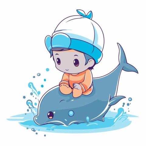 Cute little boy playing with a dolphin in the water.