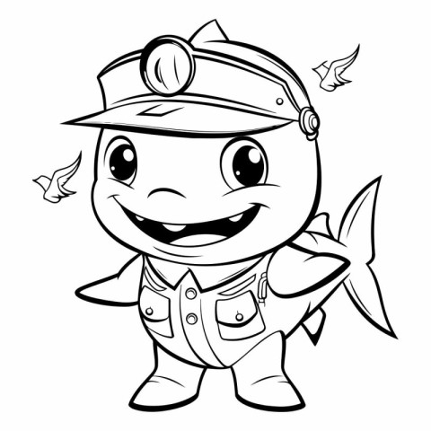 Black and White Cartoon Illustration of Cute Fish Captain Charac