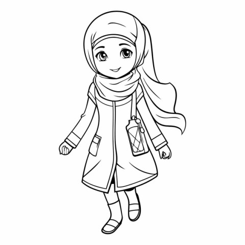 Cute Muslim girl in hijab for coloring book.