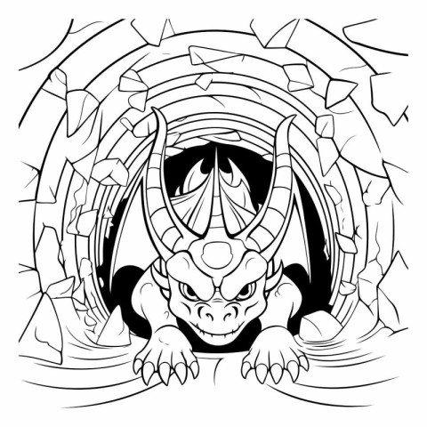 Dragon head in the cave. Black and white illustration for colori