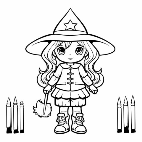 Black and White Cartoon Illustration of Cute Little Witch Fantas