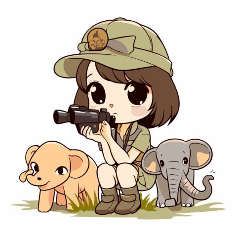 Cute girl with elephant and safari equipment.