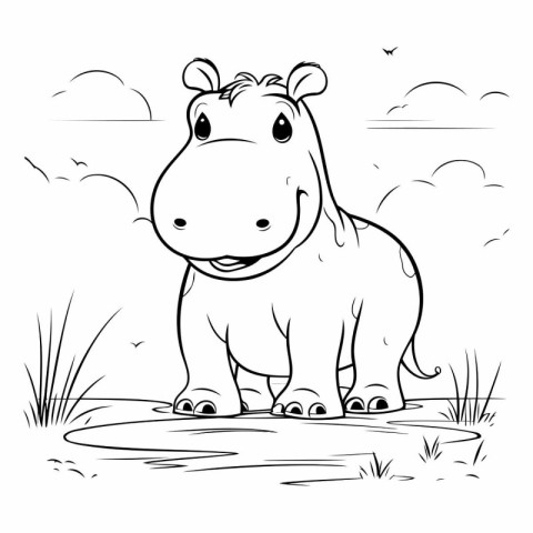 Hippo in the field for coloring book.