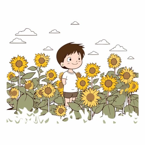 cute little boy with sunflowers garden scene vector illustration