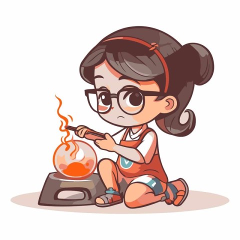 Little girl learning to make a fire in the kitchen.