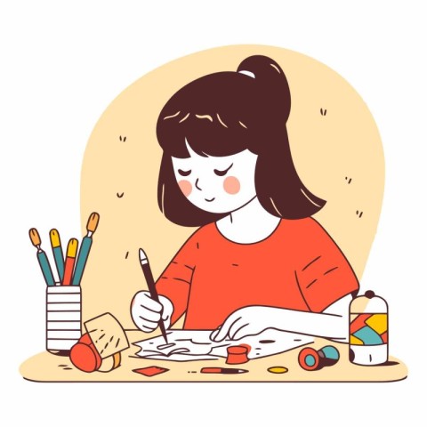 Illustration of a cute girl painting in her studio.