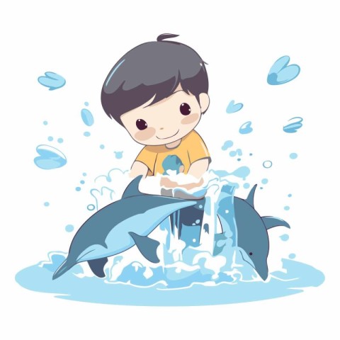 Cute little boy washing a dolphin in the sea.