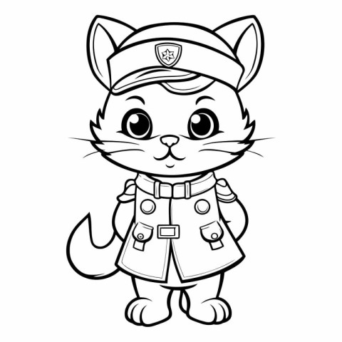 Black and White Cartoon Illustration of Cute Cat Captain Charact