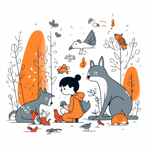 Vector illustration of a boy playing with a fox in the park.