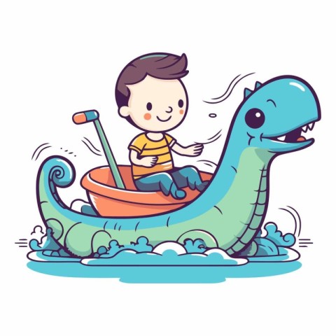 Cute boy riding a dragon boat in cartoon style.