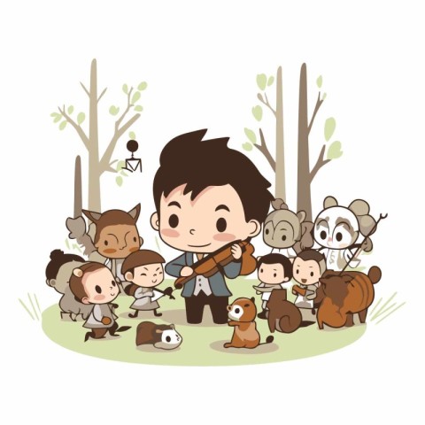 Boy playing the violin with a group of wild animals in the fores