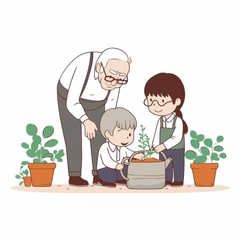 Grandfather and grandson planting seedlings in cartoon style.