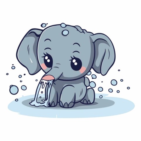 Cute little elephant with water drops on white background.