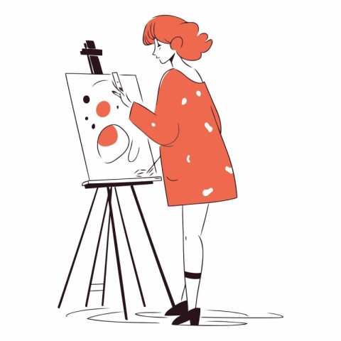 Female artist drawing a picture on easel in cartoon style