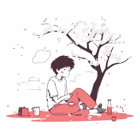 Cherry blossom and a boy drinking tea.