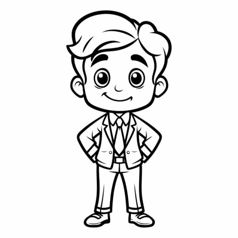 Black and White Cartoon Illustration of Cute Little Boy Characte