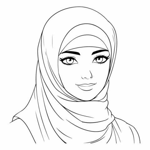 Hijab woman face. Hand drawn vector illustration. Outline.