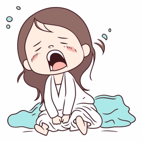 Illustration of a Girl Crying While Wearing a Bathrobe