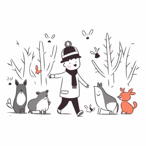 Vector illustration of a little boy walking with a group of anim