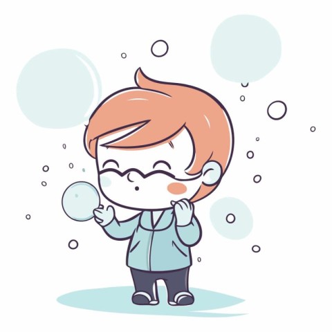 Cute little boy blowing soap bubbles in cartoon style.