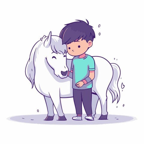 Cute little boy and white unicorn in cartoon style