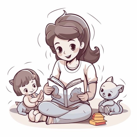 Mother reading a book with her children in cartoon style.