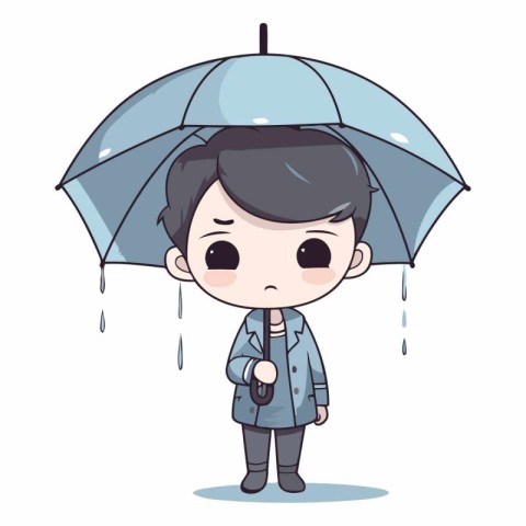 Cute boy with umbrella and raincoat. Cartoon style