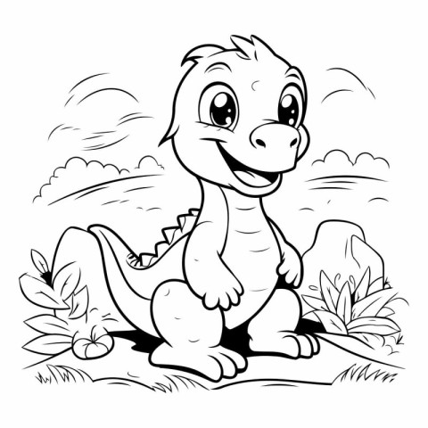 Cute cartoon dinosaur sitting on the grass for coloring book.