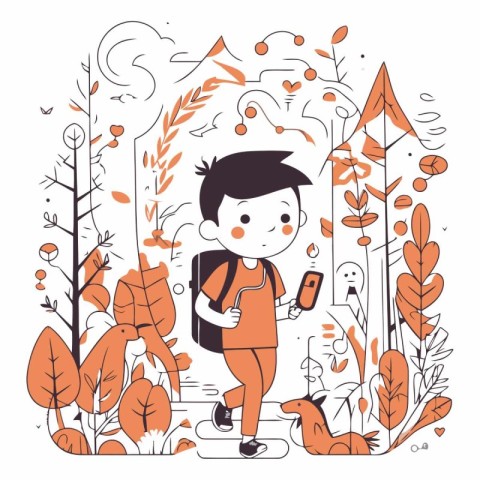 Vector illustration of a boy with a backpack and a smartphone in