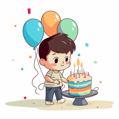 Cute little boy with birthday cake and balloons.