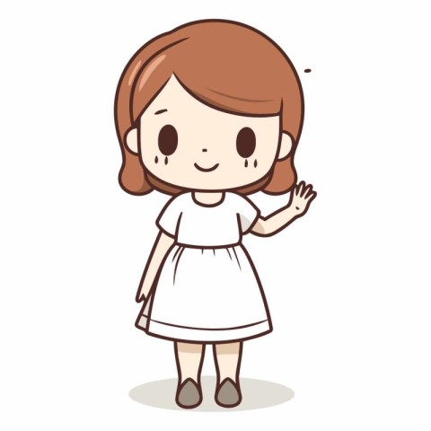 Smiling girl in white dress. Cute cartoon vector illustration.