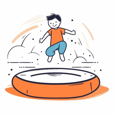 Boy jumping on a trampoline in thin line style.