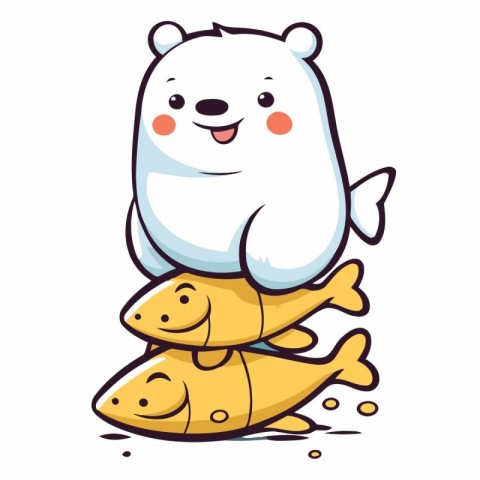 Cute cartoon polar bear sitting on the fish.