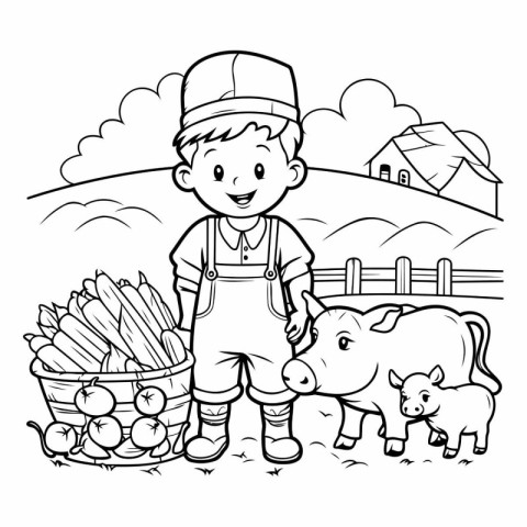 Black and White Cartoon Illustration of Cute Little Boy Farmer w