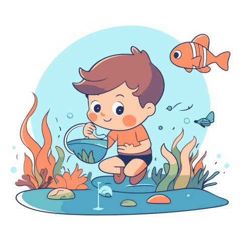 Cute little boy playing in the water. Vector cartoon illustratio