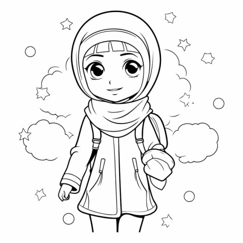 Cute cartoon muslim girl in hijab for coloring book.