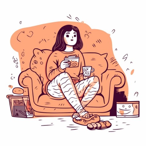 Girl sitting on the couch with a cup of coffee.