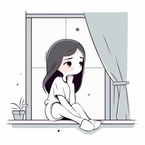 Illustration of a sad girl sitting in front of the window.