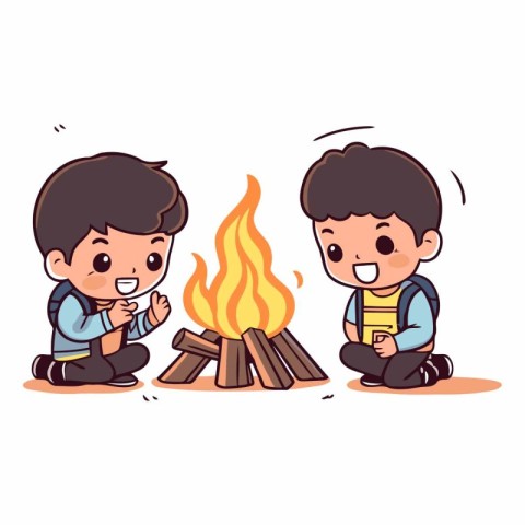 Cute happy boys sitting near bonfire. vector cartoon illustratio