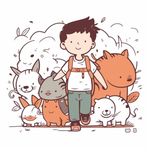 Vector illustration of a little boy with his pets. Cute cartoon